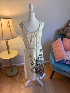 Ann Taylor LOFT Sleeveless Cream Floral A-Line Dress with Teal Trim